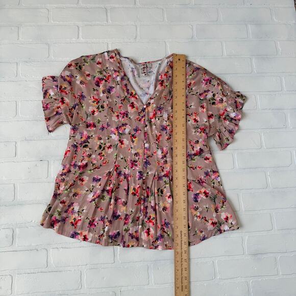 DOLAN Anthropologie Pink Taupe Flower Print Peplum Flutter Top sz L - Picture 4 of 6